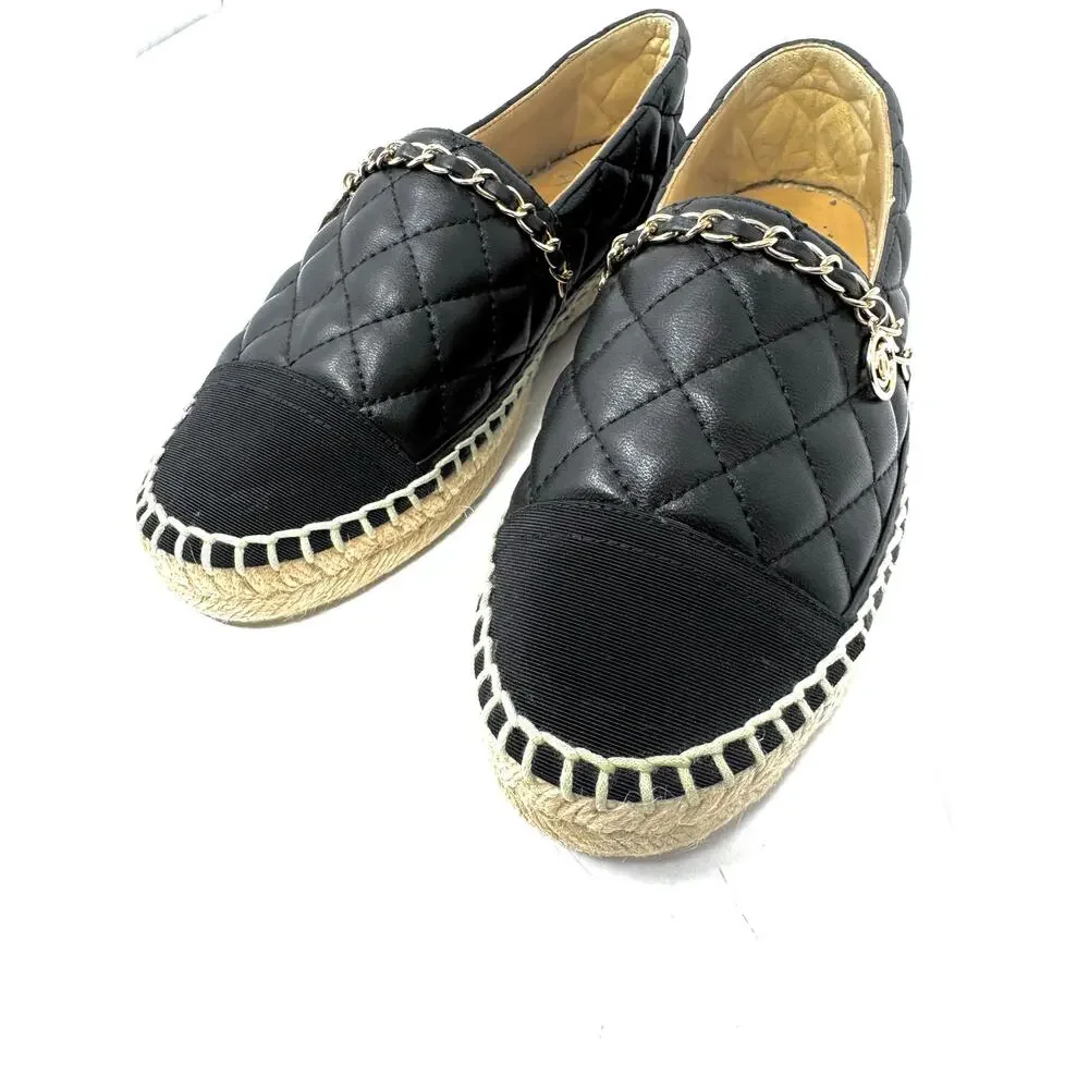 Chanel Black Quilted Leather Espadrilles w/ Gold Chain CC Charm Sz 38 | 8
